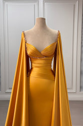 Chic Gold Column V-Neck Cap Sleeves Ruffles Beaded Sweep Train Satin Evening Dresses